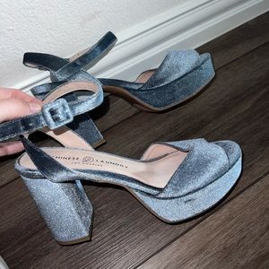 Light blue velvet block heels
